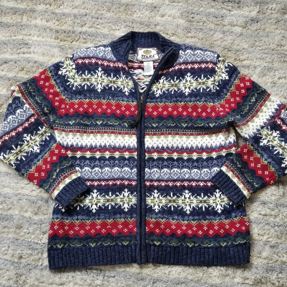 Tiara International‎ Womens Small Fair Isle Zip-Up Sweater